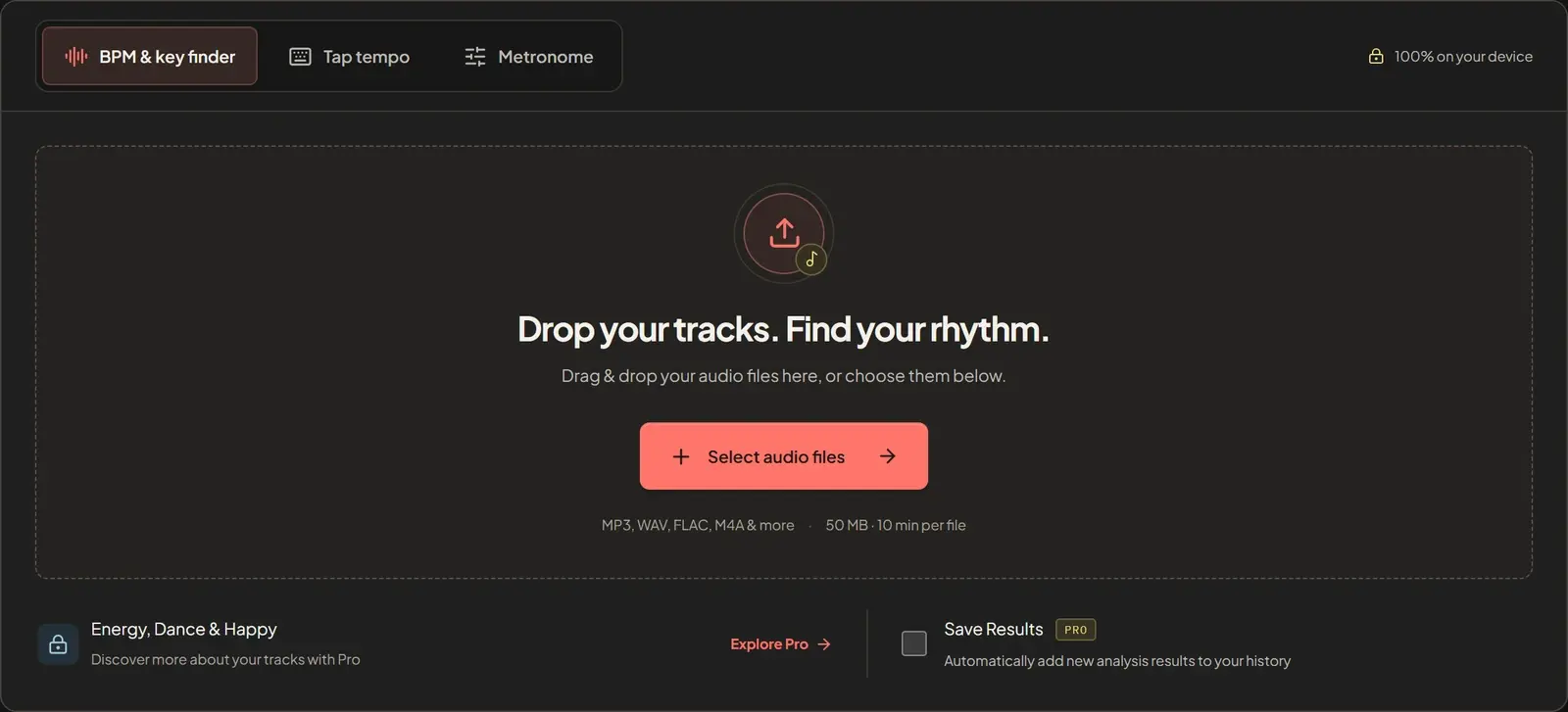 BPM Finder file selection area with the Select audio files button, supported formats and the Pro insights link.